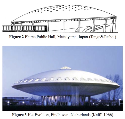 Two very large buildings featuring concrrete spherical shell structures