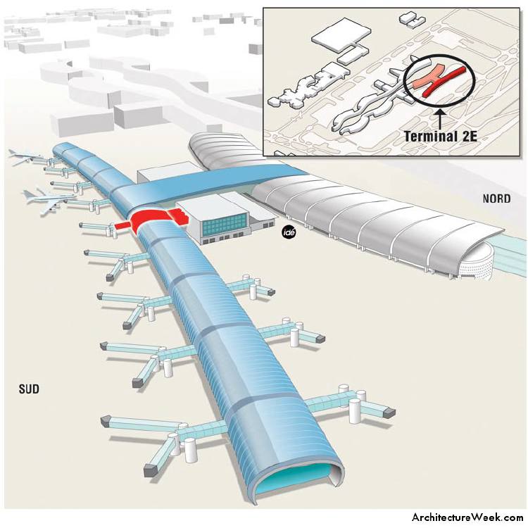 A schematic of Terminal 2E (opposite view from that in the previous slide), showing in red the portion that collapsed on May 23, 2004