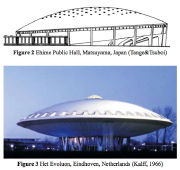 Two very large buildings featuring concrrete spherical shell structures