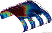 Deformed finite element computer model of the section of Terminal 2E that collapsed, showing the structural stesses and deformations.