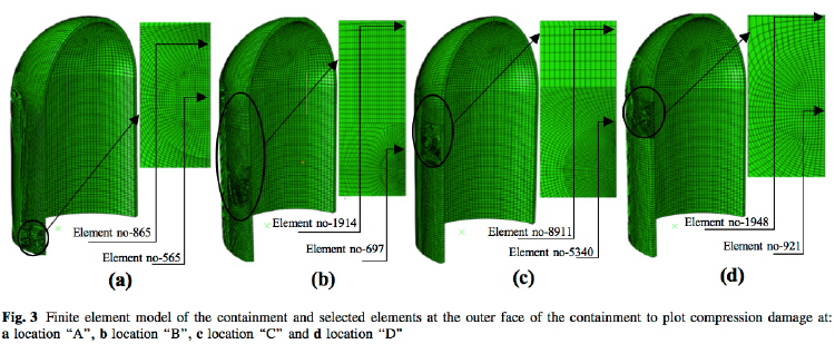 Aircraft impact at 4 alterntive locations on a nuclear containment vessel