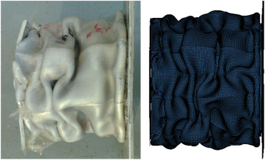 One of the crushed specimens: (left) test specimen, (right) simulation