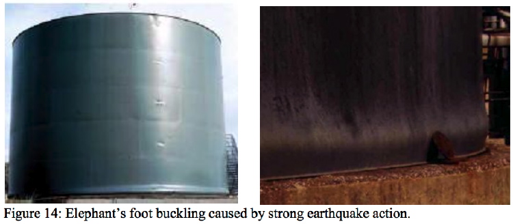 Elephant foot buckling that occurs during earthquake motion of a liquid storage tank.