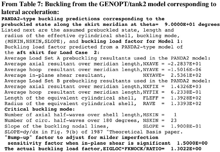 Example 10, Slide 24: GENOPT/tank2 prediction of buckling at theta=90 degrees from a PANDA-type model of the aft skirt