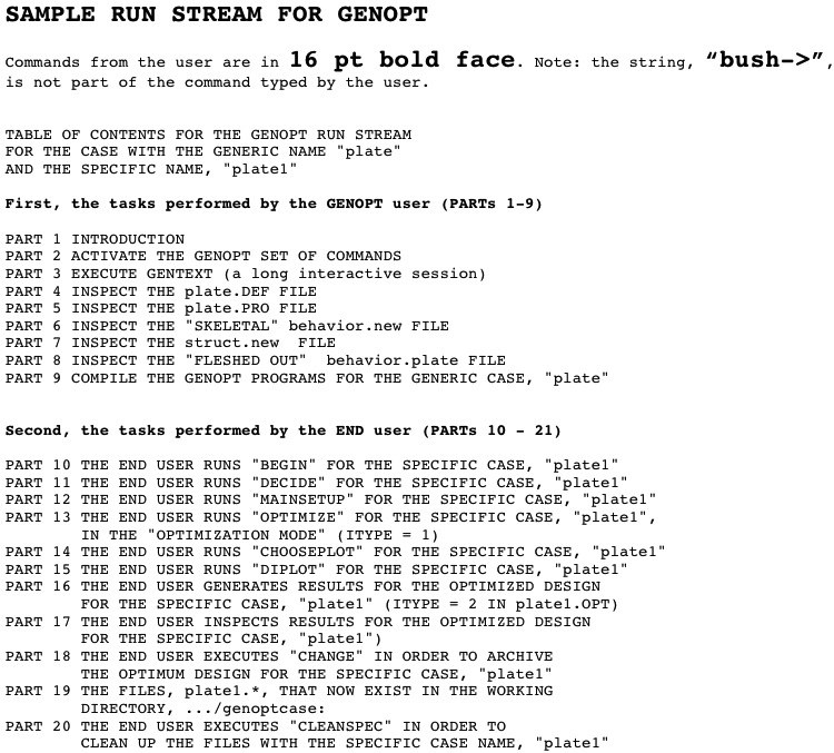 GENOPT runstream, Slide 1 of 3: Page 1 of a typical GENOPT run stream