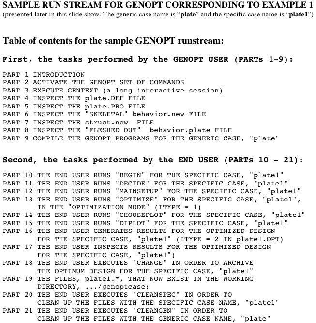 Table of contents for a sample GENOPT runstream