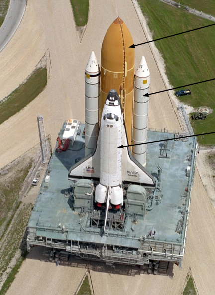 Space shuttle being transported to its launch pad. The large rust-colored tank is the subject of the next few slides.