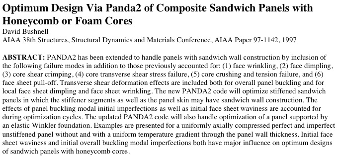 Title and abstract of a 1997 paper about the introduction into PANDA2 of the capability to optimize sandwich panels and shells