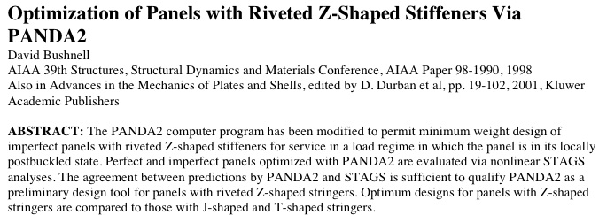 Title and abstract of a 1998 paper about the introduction into PANDA2 of the capability to optimize panels and shells with riveted Z-shaped stiffeners