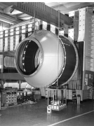 Large truss-core sandwich Rene 41 all-welded cylindrical shell partly installed in the large test rig