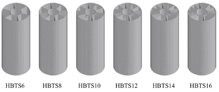 Finite element models of Horsetail Bionic Thin-walled Structures (HBTS) with increasing number of cells