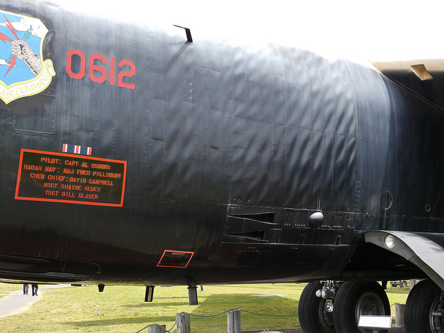 Part of the fuselage of a B-52 showing many local skin buckles in a region where there is high in-plane shear loading