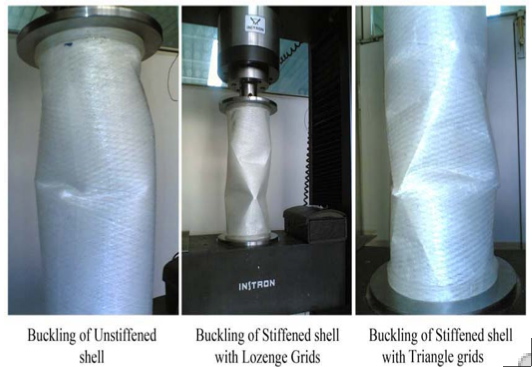 Buckled unstiffened and grid-stiffened GFRP axially compressed cylindrical shells