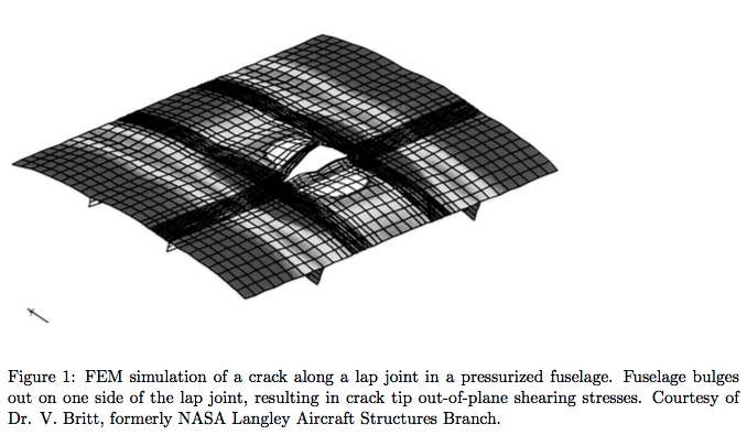 Finite element simulation of a crack along a lap joint in a pressurized fuselage
