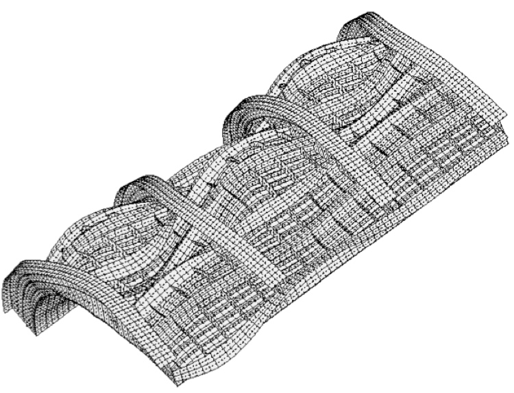 Buckling of stiffened curved panel with sub-stiffeners under combined loads. This is an intermediate-sized sub-domain model of a 360-deg. cyl. shell 