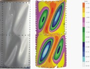 Post-buckling of the panel from test (left) and theory (right)