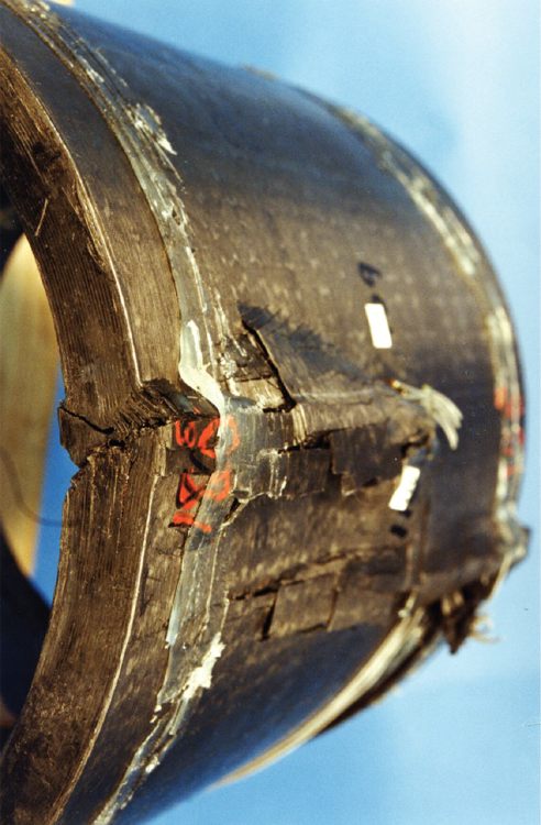 Fractured composite thick cylindrical shell after testing to failure under external pressure 