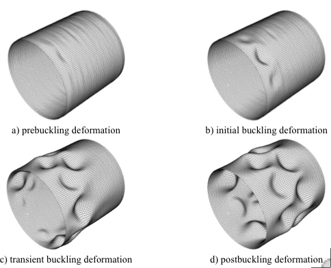 Predicted deformations of an imperfect axially compressed laminated composite cylindrical shell before, during and after buckling