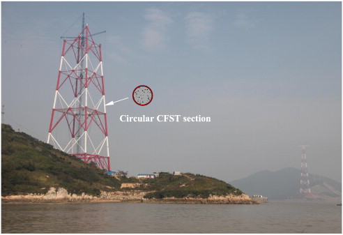 Electric transmission tower with Concrete-Filled Steel Tubes (CFST)