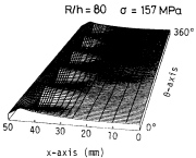Creep buckling of an axially compresed cylindrical shell: Non-axisymmetric bifurcation buckling mode shape for n = 5 circumferential waves