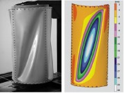 Deep post-buckling of skin of cylindrical shell with widely spaced stiffeners; loading=torque: from test (left); from finite element model (right)