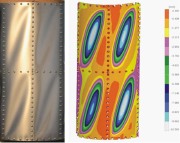 Post-buckling of skin of cylindrical shell with widely spaced rings and stringers; loading=torque: from test (left); from finite element model (right)