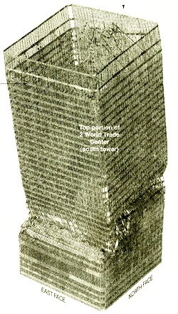 The start of the global collapse of WTC Building 2. Shown here is the top portion of WTC 2. The highly deformed floors are at the level where the initial impact and fire occurred on the East face. The lower 2/3rds of the building is not shown here.