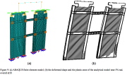 ABAQUS finite element model of part of a Coupled Steel Plate Shear Wall (C-SPSW) and deformation under the horizontal component of ground motion due to an earthquake simulated by appropriate forces resulting primarily in in-plane shearing of the structure