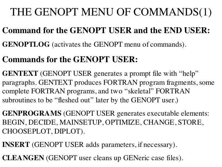 The GENOPT menu of commands (1 of 3 slides)