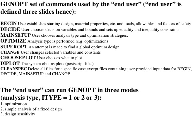 GENOPT commands given by the 