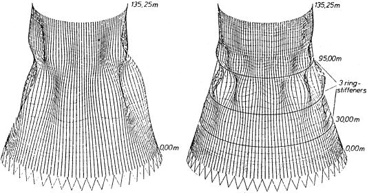 Buckling of one-sheet hyperboloidal shells of revolution (like a cooling tower)
