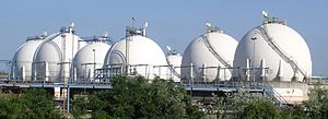 Hortonspheres at Karlsruhe MiRO petroleum refinery. Such shells can buckle in a general mode if they happen to develop a slight internal vacuum or in a local mode near the support system if they are partially filled, as demonstrated by the next 3 slides.