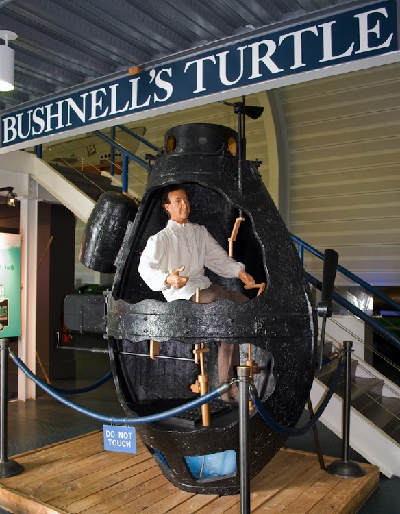 The first submarine, invented by David Bushnell (1742-1824), was constructed circa 1776. The small submarine is a thin shell structure called 