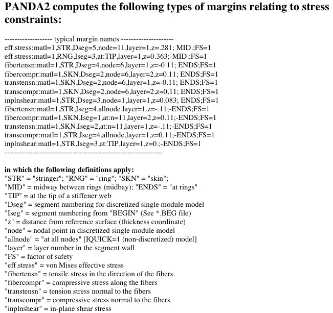 Various types of stress margins computed by PANDA2