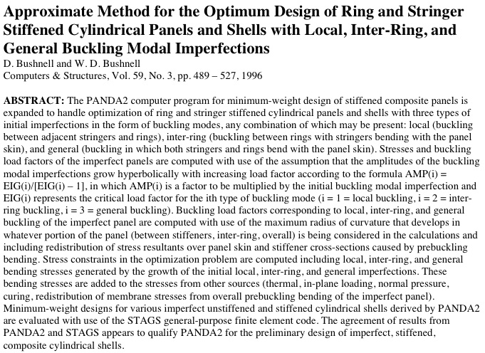 Title and abstract of a 1996 paper about the introduction of local, inter-ring, and general buckling modal imperfections into the PANDA2 capability
