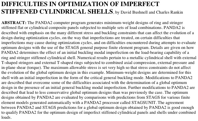 Title and abstract from a 2006 PANDA2 paper about certain difficulties encountered when optimizing imperfect stiffened cylindrical shells