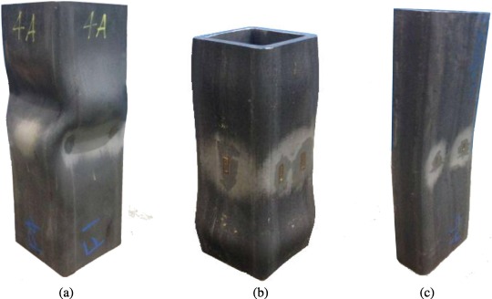 Typical stub column failure modes: (a) local buckling; (b) elephant foot buckling; (c) local + global buckling.