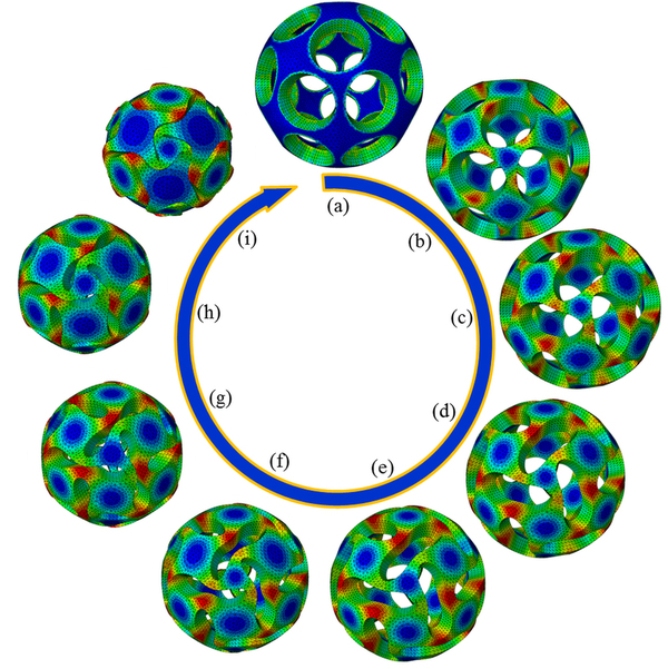 The buckling process of a typical buckliball. (The colors represent stress.) The buckling motion consists mainly of counter-clockwise rotation of the narrow triangular-like portions with local bending of the narrow ligaments, which result in the closing of the apertures and the decrease in diameter of the deformed buckliball.