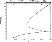 Strain-normal-deformation curve of the film at the location of the ridge peak during its 4 phases of wrinkle-to-ridge transition
