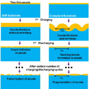 Wrinkling, necking, cracking, and pulverization of thin film anode on stiff and compliant substrates under cyclic loading