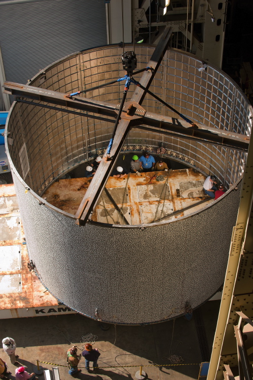A view from above of the huge, internally orthogrid-stiffened cylindrical shell before installation in the test rig