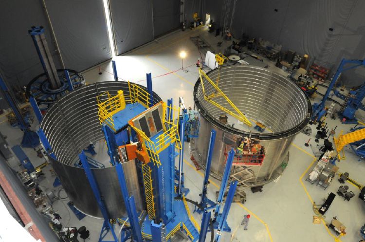 Two huge stiffened cylindrical shells being prepared by the NASA 