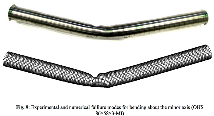 Thin-walled oval cylindrical shell under 3-point bending about the minor axis: Local buckling from test and finite element model
